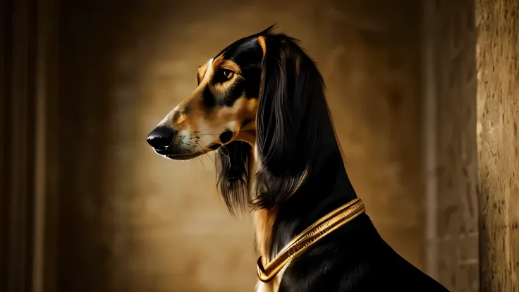 serious black and tan saluki, (epic, fantastic, dramatic lighting, art deco), (dramatic angle), perfect eyes, gold eyes, solo, d...