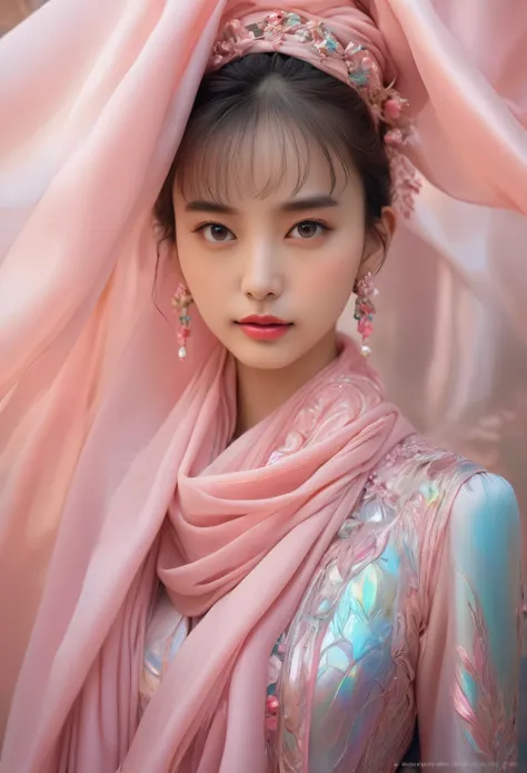 A woman in a pink dress with a long iridescent scarf, Beautiful Woman Photos, Beautiful fantasy empress, Jan J, style of Art Gelm, Art Gelm and ruan jia, extremely detailed Art Gelm, trending Art Gelm, Art Gelm.  ruan jia and Art Gelm, Inspired by Fuhua, A...