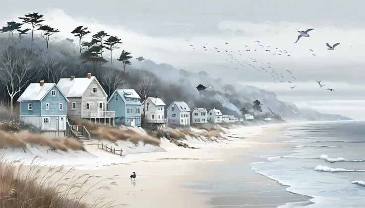 Create a whimsical, ethereal, very detail scene in the drawing style of Bettina Baldassari, featuring a beach village scene nestled along the coastline with a cold, winter-like atmosphere. The landscape is filled with quaint, seaside houses in soft, muted ...