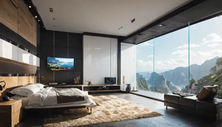 Exotic Room、Realistic、Real、Realistic、Ultra-luxury accommodation((White wall、Striped Blocks))、(((Luxury Bed))),Large windows、Futuristic、Interior、Designer Room、Exotic Room and Furniture(table,shelf), Wall-mounted TV、(ultra-Detailed Background, Detailed Backg...