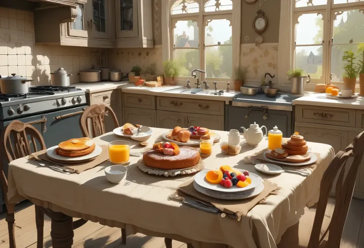  (((Background: Victorian Mansion))), ((Kitchen)), (((Breakfast on table)))