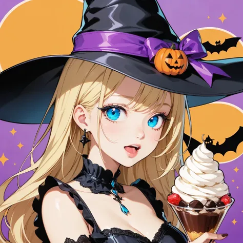 Masterpiece, 2D illustration, pop illustration, vivid colors, detailed depiction, humorous and fun atmosphere, 1 girl, upper body, side angle, young and attractive witch about to eat a luxurious chocolate parfait, detailed face, blonde, blue eyes, long eye...