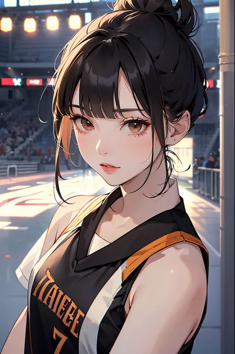 best quality, highres,Slender、（Small face:1.4）、Brown eyes、tall、Black Hair、(7 heads:1.4)、(Long Hair:1.3),(Bun Hair:1.3)、(Bangs:1.3)、(Basketball uniform:1.2)、Tank tops
