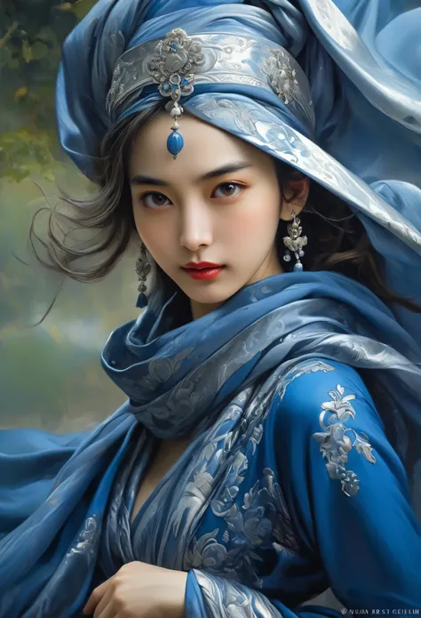 A woman in a indigo blue dress with a long silver scarf, Beautiful Woman Photos, Beautiful fantasy empress, Jan J, style of Art Gelm, Art Gelm and ruan jia, extremely detailed Art Gelm, trending Art Gelm, Art Gelm.  ruan jia and Art Gelm, Inspired by Fuhua...