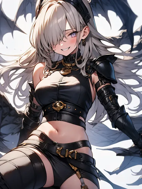 fantasy, 1girl,young_teen, ,silver_hair, long_hair, long_bangs, bare_shoulder,thighhighs,silver_armor, waist_armor, large_breasts,half_eyes,floating, bare_crotch, headgear,gauntlet, greaves,city_background,slightly_spread_legs, solo, groin_naked,(hair_over...