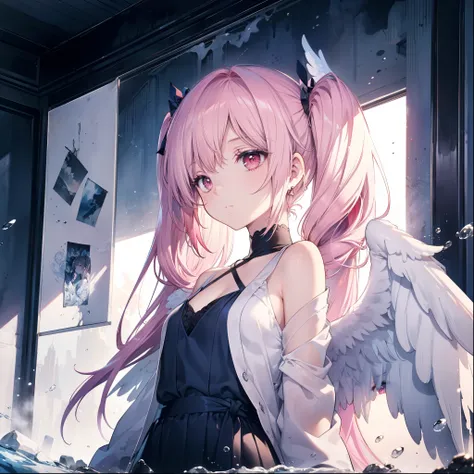 high quality, masterpiece, Delicate Hair, Delicate eyes, Delicate Hair, ((masterpiece, 最high quality)), high quality, masterpiece, Delicate Hair, Delicate eyes, One girl, ((pink))，beautiful girl, ((pinkのLong Hair)), Twin tails, ((Red eyes)), (Angel Wings),...