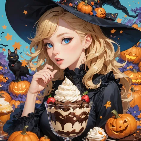 Masterpiece, 2D illustration, pop illustration, vivid colors, detailed depiction, humorous and fun atmosphere, 1 girl, upper body, side angle, young and attractive witch about to eat a luxurious chocolate parfait, detailed face, blonde, blue eyes, long eye...