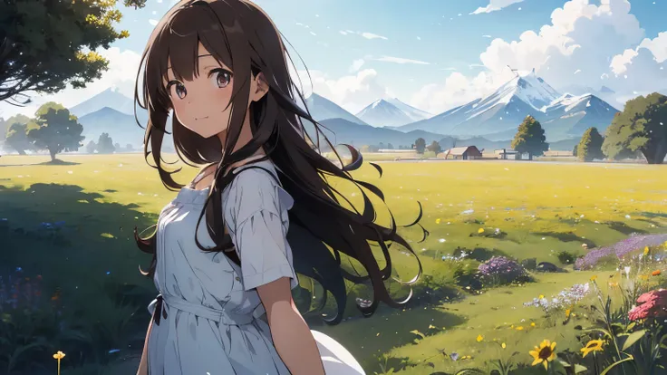 A young girl of about , (anime style drawing) with long flowing brown hair, wears a simple white dress and is standing in a field of colorful wildflowers. She has big, bright eyes, full of curiosity, typical of the anime style. The sky is light blue with s...