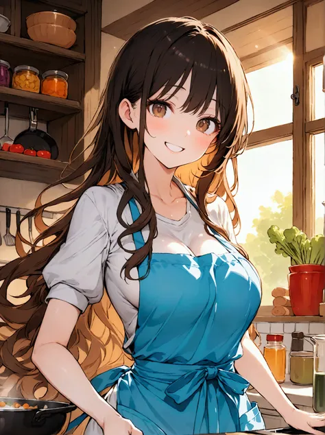 tall woman, soft brown wavy long hair, hair reaching chest, light brown eyes, slightly droopy eyes, smooth white skin, soft and round face, large bust, (slender body), kitchen, apron, cooking, smiling, cheerful, kitchen counter, wooden counter, ingredients...