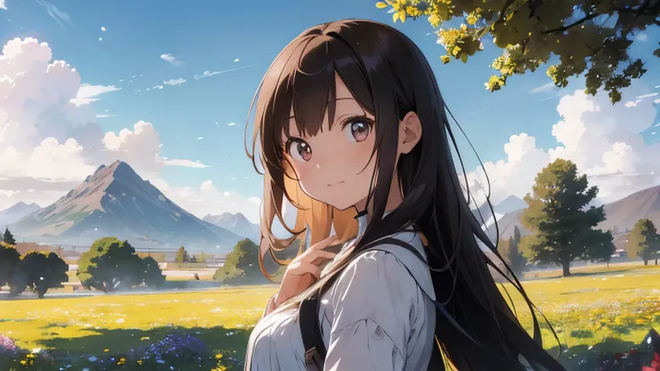 A young girl of about , (anime style drawing) with long flowing brown hair, wears a simple white dress and is standing in a field of colorful wildflowers. She has big, bright eyes, full of curiosity, typical of the anime style. The sky is light blue with s...