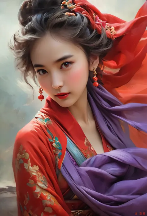 A woman in a red dress with a long purple scarf, Beautiful Woman Photos, Beautiful fantasy empress, Jan J, style of Art Gelm, Art Gelm and ruan jia, extremely detailed Art Gelm, trending Art Gelm, Art Gelm. ruan jia and Art Gelm, Inspired by Fuhua, Art Gel...