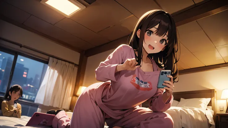 brunette girl in dirty top jumping with happiness holding phone in hands, next to her is her boyfriend in shock in dirty pajamas, at night in a dirty room