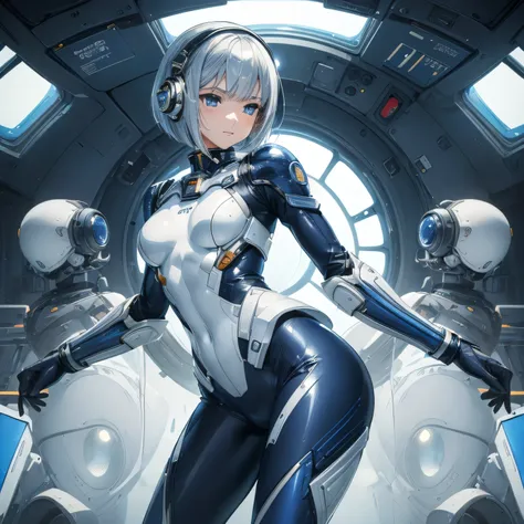 (masterpiece、Best Quality、Highest Resolution、Clear_image、Detailed details): (Whole body、A 20 year old girl、Japanese Faces、Small Face、Slender、Navy blue super short bob cut hair、(Hidden small breasts:1.3)、Sparkling blue eyes、Shiny pilot suit in white, blue a...