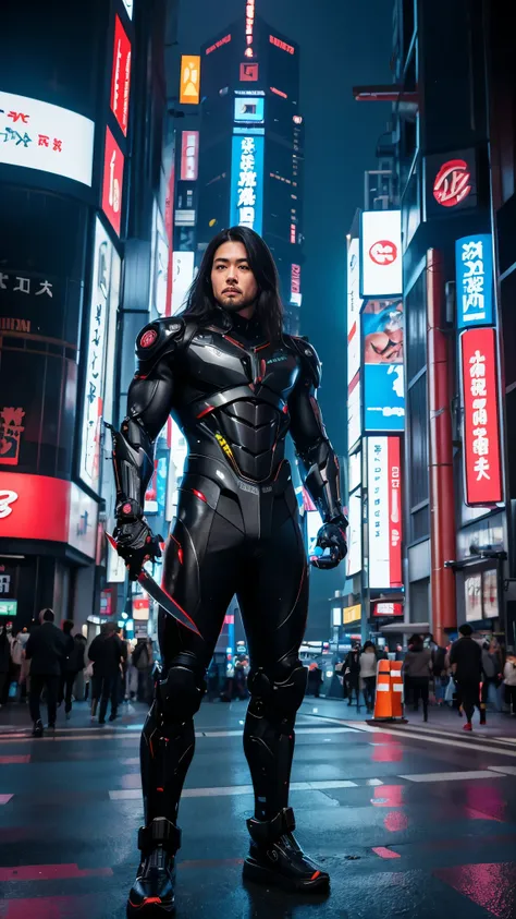 photograph, Full body image, Robot Suit, young, Wild and handsome Japanese man, Detailed facial details, Cyberpunk, neon, muscle, Stand with a sword, Model Style, Disheveled long hair, muscle, Long trousers, A futuristic city with flying cars, Shinjuku, To...