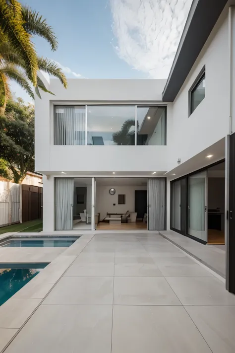 A modern single-storey house built on a 10x25 meter plot, being 10 wide by 25 long, with a built area of 115 square meters. The house has a front setback of 5 meters, where there is a small landscaped garden and a well-defined main entrance. The side corri...