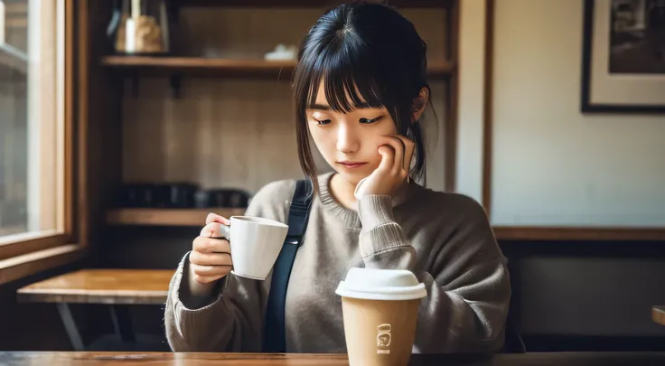 A 20-year-old Japanese woman is drinking coffee on a table. The woman is holding a coffee cup. The coffee is in the center of the picture. A table in an old coffee shop.,  Dark interior, raw photo, Realistic photos, Street Level View, Street View