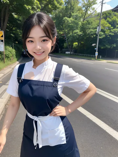 A 20-year-old Thai-Japanese girl with beautiful makeup stands smiling on the side of the road, wearing only an apron, posing with confidence.