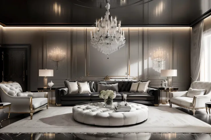 arafed living room with a couch, chairs, a coffee table and a chandelier, elegant and refined, charcoal and silver color scheme, luxury furniture, dark classic interior, popular interior design style, neoclassical style, neo - classical style, luxurious en...