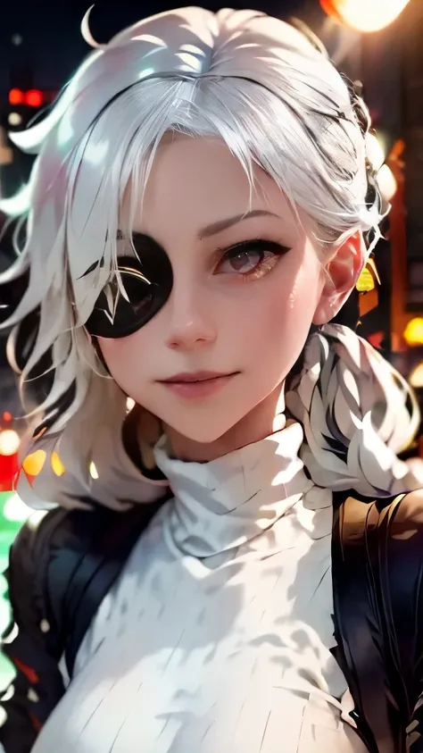 1girl, (solo), anime girl with long white hair and red eyes, girl with white hair, girl in white turtleneck, ((eyepatch)), pointed ears, ((vampire)), smirk, smug, closed mouth, cowboy shot, perfect white haired girl, white haired deity, digital cyberpunk a...