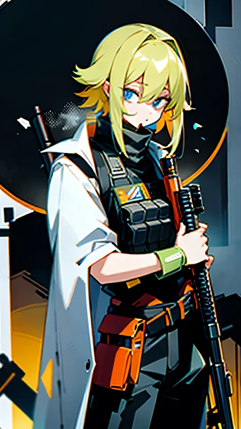 Uses a ballistic vest. Vials of colored liquids around his waist. holding a sniper rifle with both hands