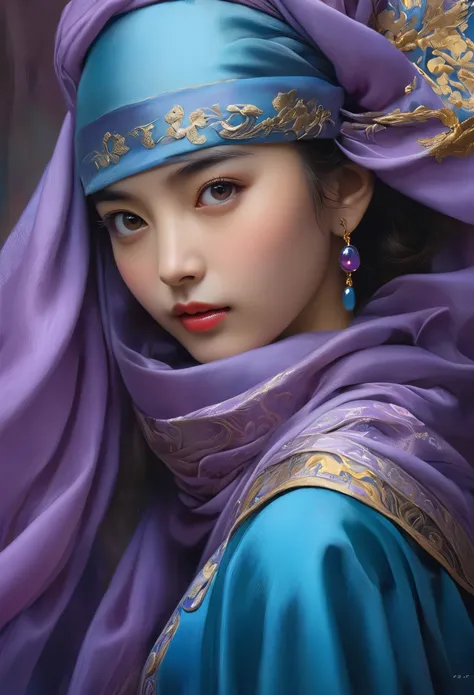 A woman in a blue dress with a long purple scarf, Beautiful Woman Photos, Beautiful fantasy empress, Jan J, style of Art Gelm, Art Gelm and ruan jia, extremely detailed Art Gelm, trending Art Gelm, Art Gelm.  ruan jia and Art Gelm, Inspired by Fuhua, Art G...