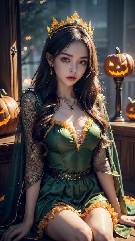 Top quality, masterpiece, ultra high definition, Original photo, 1 Girl, small breasts, ((mesh sardine)), cinematic lighting, very long hair, detailed eyes, small breasts, wind, necklace, piercing, ((halloween costume)), ((mesh costume)), ((green costume))...