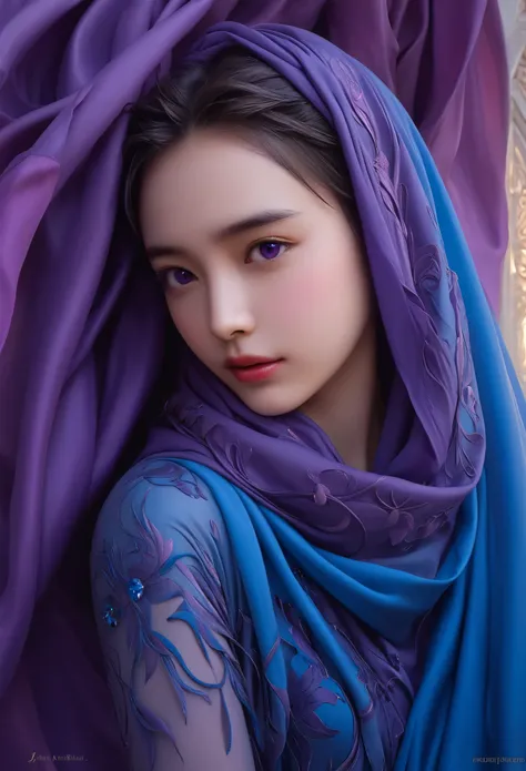 A woman in a blue dress with a long purple scarf, Beautiful Woman Photos, Beautiful fantasy empress, Jan J, style of Art Gelm, Art Gelm and ruan jia, extremely detailed Art Gelm, trending Art Gelm, Art Gelm.  ruan jia and Art Gelm, Inspired by Fuhua, Art G...