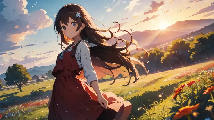 A young girl of about , (anime style drawing) with long flowing brown hair, wears a red dress and is standing in a field of colorful wildflowers. She has big, bright and curious eyes, typical of the anime style. The sky is light blue with some soft clouds ...