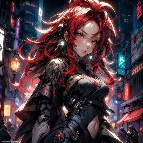 ((best quality)), ((Masterpiece)), ((Enrich the picture，Masterpiece level quality)), an image of a beautiful cyberpunk female, mature woman, fierce woman, cyberpunk theme, hips up, samurai girl, cyberpunk, fantasy, ((red hair, long hair)), beautiful white ...