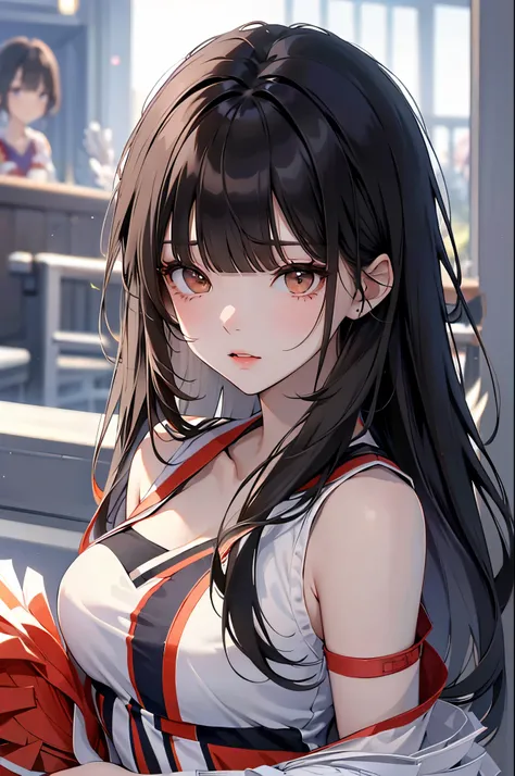 Best Quality, High resolution,thin、Brown eyes、(Tall:1.1)、Black Hair、(Long Hair:1.3),(Straight Hair:1.3)、(bangs:1.3)、7 head and body、(Cheerleader:1.4)、Thick lower eyelashes、Big Breasts