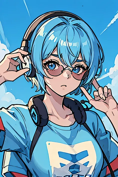 anime、High image quality、Female bust shot、listening to music on headphones、Sky blue short hair、Wearing round sunglasses、graphicＴshirt、