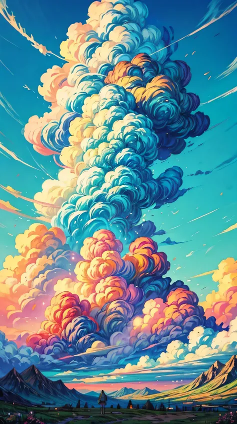 (landscape), (anime 2D) ,A mountain path, colorfull, colored, amazing sky, big sky, amazing clouds, colored clouds, colored sky, shiny sky, beautiful clouds