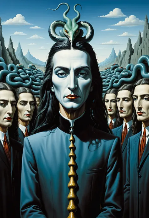 snake priest with long hair and worshippers - - surrealist style, surrealist artwrok, dream like, Dali style, Rene Magritte style, highly detailed, masterpiece, painting-like, HD