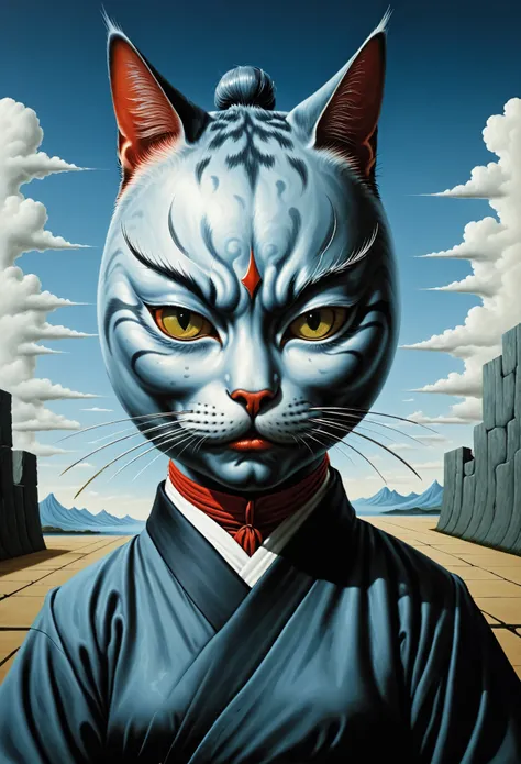 angry samurai cat - - surrealist style, surrealist artwrok, dream like, Dali style, Rene Magritte style, highly detailed, masterpiece, painting-like, HD