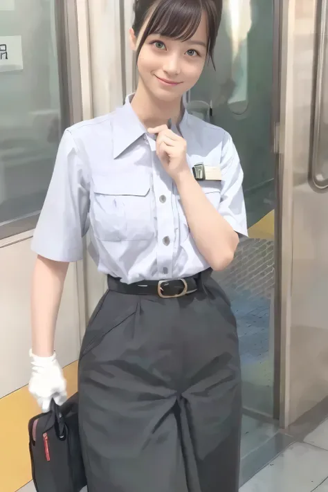 (masterpiece:1.2, Best Quality:1.2), 32K HDR, High resolution, (Alone、1 girl)、(Alone、1 girl)、（Rooftop of a building during the day、Professional Lighting）、Building rooftop background、（Tokyo Subway woman crew uniform in real style）、（Tokyo Subway female crew ...