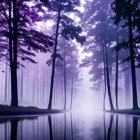 trees in a foggy forest with a puddle of water, purple fog, light purple mist, a mystical misty glow, foggy twilight lighting, extremely beautiful and ethereal, purple mist, foggy morning light, foggy at dawn, misty morning, beautiful and mysterious, early...