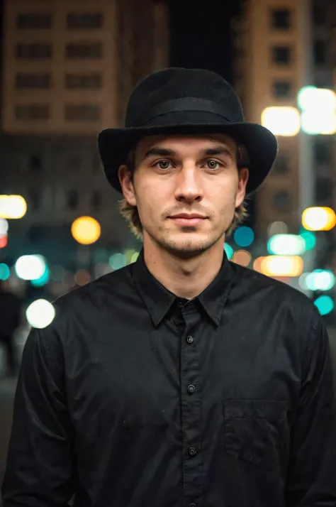 closeup face photo of caucasian man in black clothes, night city street, bokeh