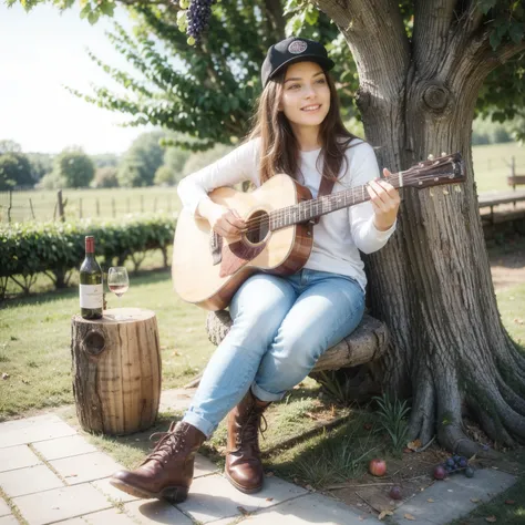 (masterpiece, highres), PriscillaW, 1girl, solo, long hair, smile, open mouth, blue eyes, blonde hair, hat, sitting, flower, pantyhose, boots, outdoors, food, sky, day, tree, cup, fruit, rose, brown footwear, bottle, instrument, rock, music, apple, basket,...