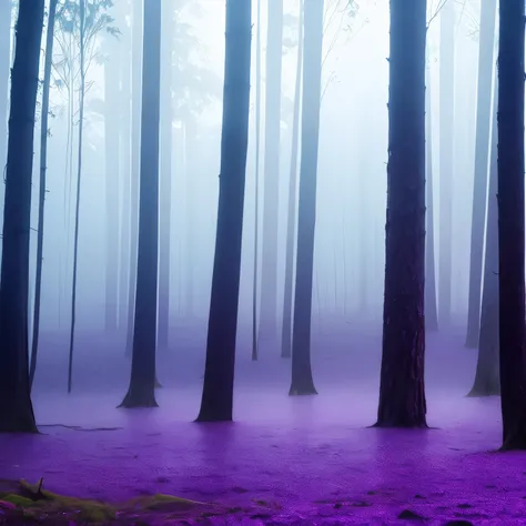 trees in a foggy forest with a puddle of water, purple fog, light purple mist, a mystical misty glow, foggy twilight lighting, extremely beautiful and ethereal, purple mist, foggy morning light, foggy at dawn, misty morning, beautiful and mysterious, early...