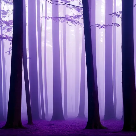 trees in a foggy forest with a puddle of water, purple fog, light purple mist, a mystical misty glow, foggy twilight lighting, extremely beautiful and ethereal, purple mist, foggy morning light, foggy at dawn, misty morning, beautiful and mysterious, early...