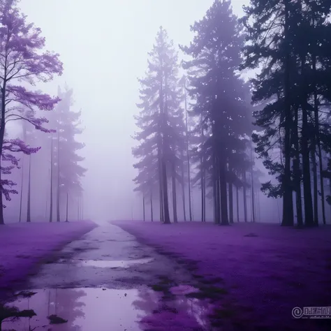 trees in a foggy forest with a puddle of water, purple fog, light purple mist, a mystical misty glow, foggy twilight lighting, extremely beautiful and ethereal, purple mist, foggy morning light, foggy at dawn, misty morning, beautiful and mysterious, early...