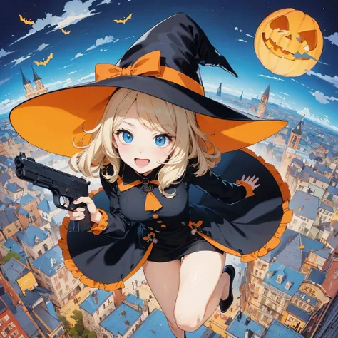 A masterpiece, a boldly drawn anime style illustration, detailed, humorous and fun atmosphere, one girl, full body, diagonal angle from above, a young and attractive witch shooting two guns. Glamorous body, black clothes, black hat, and a fun and cute grap...