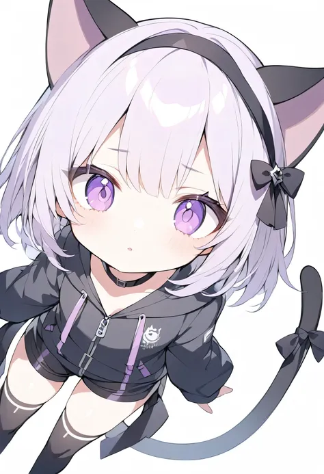 Best Quality、Detailed、White background、Shiny Hair、Light purple hair、Hime cut、Short Hair、Big purple eyes、Double、Long eyelashes、Droopy eyes、Black hoodie、Black shorts、Black knee-high socks、Black cat ears headband、Looking at the camera、Angle from the front