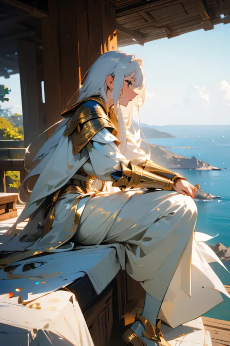 white haired girl, white armour with golden details. sitting on a cliff. observing horizon