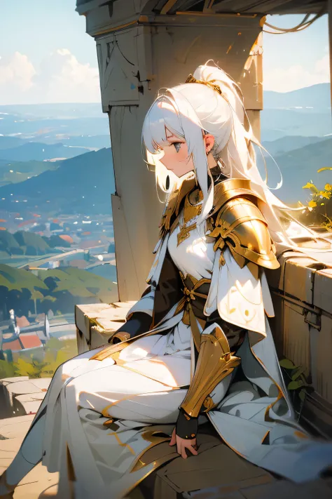 white haired girl, white armour with golden details. sitting on a cliff. observing horizon