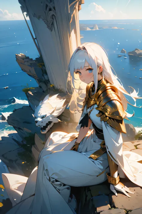 white haired girl, white armour with golden details. sitting on a cliff. observing horizon