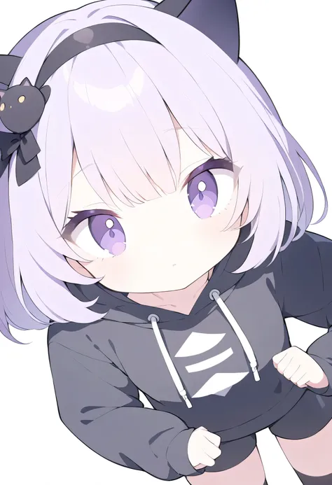 Best Quality、Detailed、White background、Shiny Hair、Light purple hair、Hime cut、Short Hair、Big purple eyes、Double、Long eyelashes、Droopy eyes、Black hoodie、Black shorts、Black knee-high socks、Black cat ears headband、look down、Looking at the camera、、Long Shot、A s...