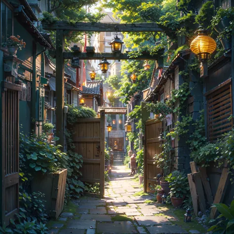 ((narrow alley with wooden gate and small lanterns: 1.3)), modern Japanese street, extra detailed anime artwork, peaceful atmosphere, overgrown plants, plant pots, and wooden doors, glowing lanterns lining the alley, god rays, cinematic lighting, no people...