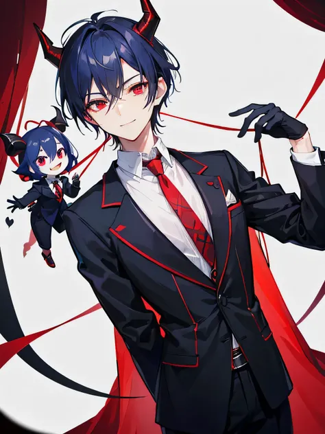 A handsome man, looking from the back, point of view, demon, butler, sly smiling, red crimson eyes color, dark blue hair color, demon horns, demon tails, wearing black gloves, string wrap around him, puppeteer, control puppet, string puppet, playing with s...