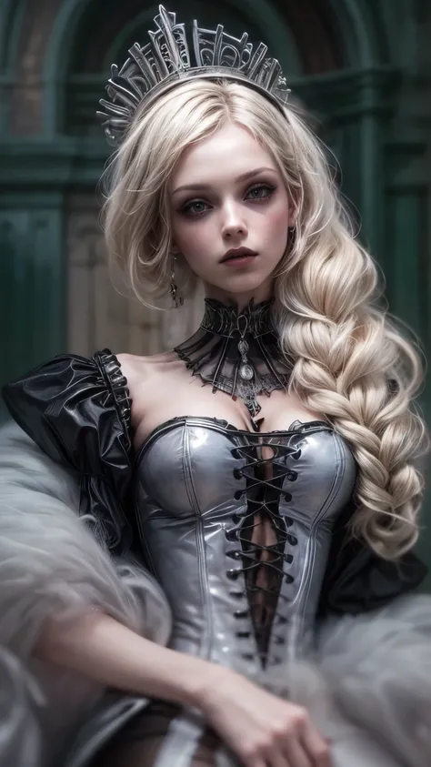 a goth picture of Barbie as a gothic queen (best details, Masterpiece, best quality :1.5), ultra detailed face (best details, Masterpiece, best quality :1.5), ultra feminine (best details, Masterpiece, best quality :1.5), wearing transparent black mini dre...